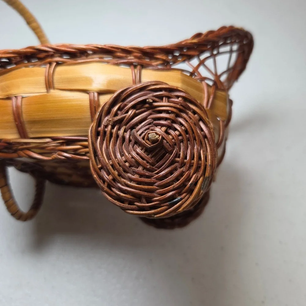 Vintage Miniature Wicker Basket Wagon Small Decorative Cart Brown Wood